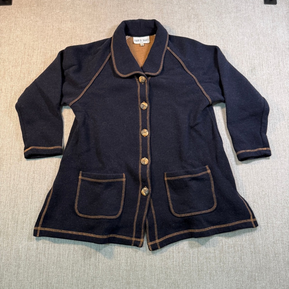 David Dart Sport Navy Wool Blend Knit Jacket Tan Stitching Vintage USA Made S